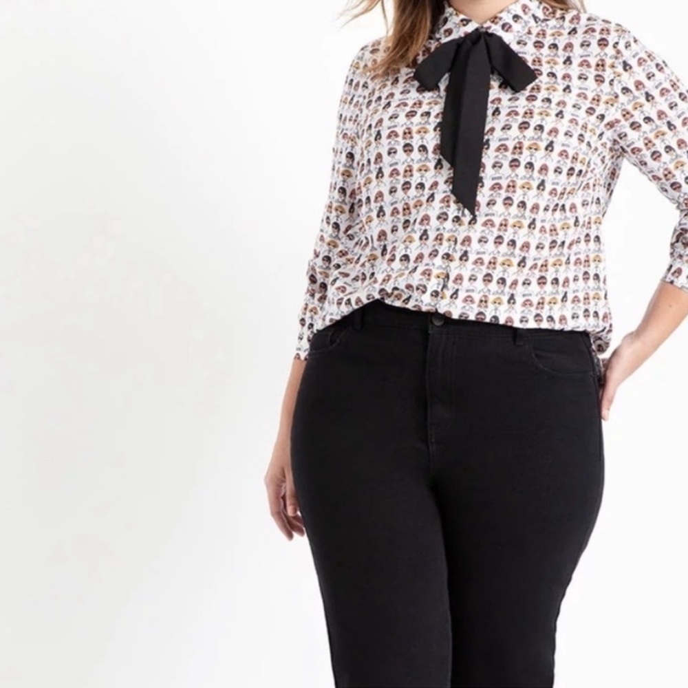 ELOQUII Printed Tie-Neck Women’s Face Diversity Button Front Blouse Size 26